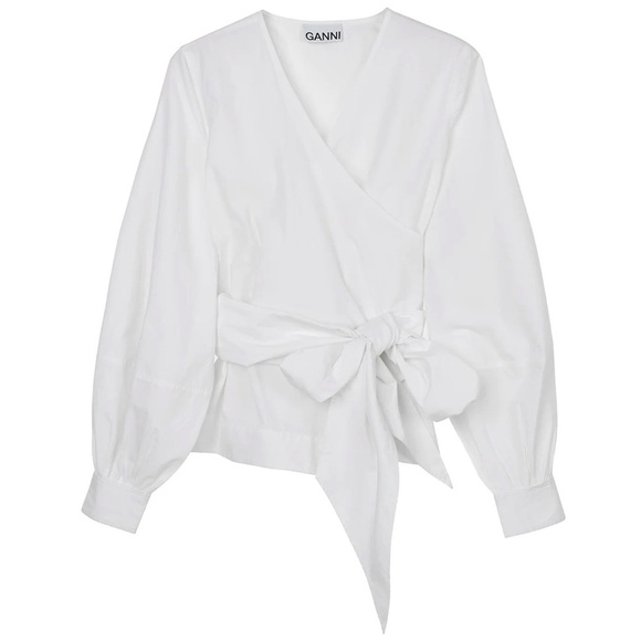 NWT GANNI Bright White Poplin Kimono-Style Cotton Wrap Blouse Shirt Top EU 34/XS - Picture 1 of 3